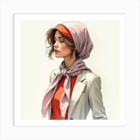 Elegant French Woman With A Classic Scarf, Watercolor With Sophisticated Hues 1 Art Print