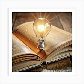 An open book lies on a wooden table with a glowing light bulb. Art Print