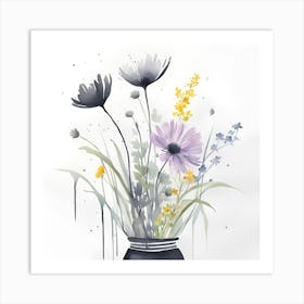 Watercolor Flowers In A Vase Monochromatic Art Print
