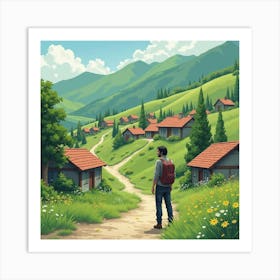 Keanu Reeves In A Tranquil Watercolor Village Surrounded By Green Hills 1 Art Print