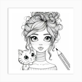 Girl With Cat Coloring Page Art Print