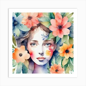 Watercolor Of A Girl With Flowers 2 Art Print