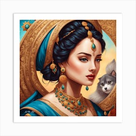 Colorful Portrait Illustration Of An Exotic Beauty With Decorative Elements And Gold Opal Jewelry Watched By A Dog Puppy Art Print