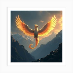 Griffin With Glowing Wings Soaring Over A Mountain Range 1 Art Print