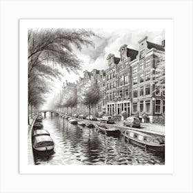 A Serene Amsterdam Canal Scene Captured In A Realistic Pen And Ink Drawing, Style Realism 3 Art Print