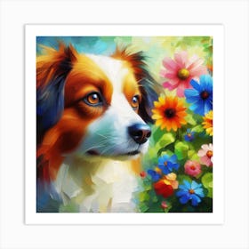 Dog With Flowers Art Print