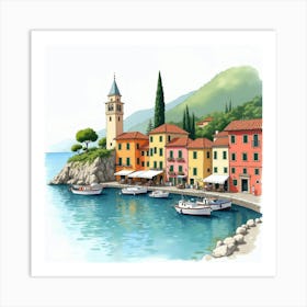 Tranquil Italian Seaside Village In Watercolor, With Boats And Colorful Houses 1 Art Print