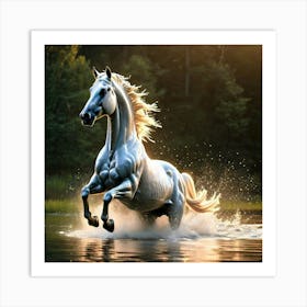 White Horse Running In Water Art Print