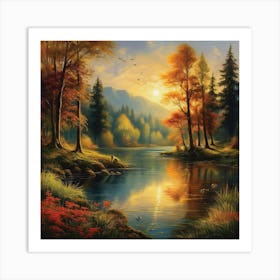 Autumn Lake,Forest Lake, Vintage Oil Painting, Farmhouse Wall Decorations, Antique Landscape, Vintage Landscape Oil Painting.3 3 Art Print