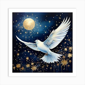 A Captivating Conceptual Art Piece That Captures The Essence Of A White Bird Taking Flight At Night Art Print
