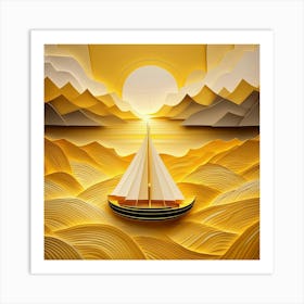 Small Boat At Sunset in Paper Art Print