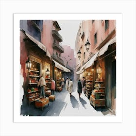 Marrakech Street, Whimsical Watercolor City Art Print