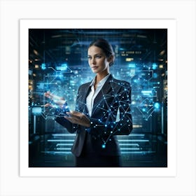 Cybernetic Advocate A Businesswoman Encapsulated In A Futuristic Suit Her Hand Garnished With Hol (3) Art Print