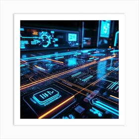 Cutting Edge Industrial Management And Automation System Interface Neon Glowing Lines On A Dark Bac (3) Art Print