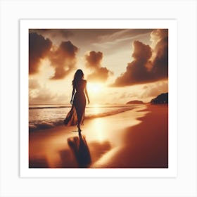 Sunset Woman Walking On The Beach Art Print