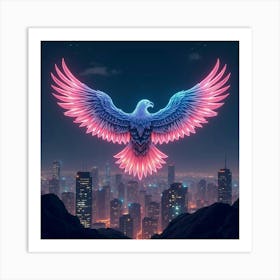 An Abstract Eagle With Wings Of Pulsating Neon Patterns Soaring Above A Futuristic Cityscape Art Print