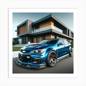 Blue Chevrolet Ss With Full Body Kit In Front Of Modern House Art Print