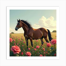 Horse Near Field Of Roses 1 Art Print