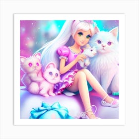 Cute Girl And Her Kittens Art Print