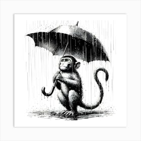 Monkey Holding An Umbrella In The Rain, Ink Drawing 2 Art Print