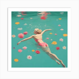 Swimming In Water And Flowers Art Print