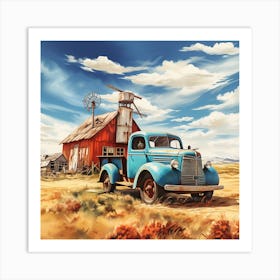 Blue Truck In The Countryside Art Print