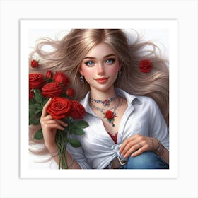 Beautiful Girl With Roses 2 Art Print