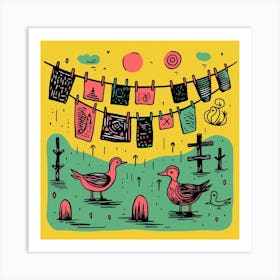 Duckling Under A Washing Line Linocut Style 3 Art Print