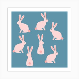 Pink Bunnies and Rabbits on Teal Green Art Print