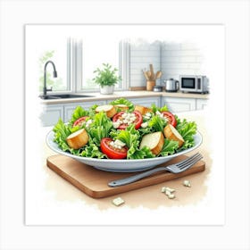 Watercolor Sketch Of A Caesar Salad With Croutons And Parmesan On A Modern Kitchen Counter Art Print