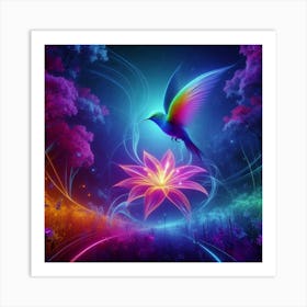 Create An Image High Definition Colorful Of A Hummingbird In A Neon Flower With An Ethereal Light The Landscape Is A Magical Forest Art Print