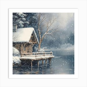 Snowy Cottage Lakes Edge Art Print