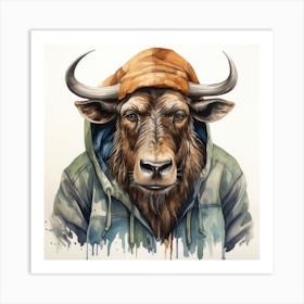 Watercolour Cartoon Wildebeest In A Hoodie 2 Art Print