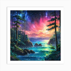 Vibrant Twilight Over a Secluded Cove Surrounded by Forest Art Print