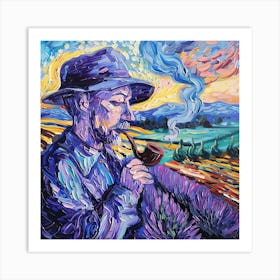 Van Gogh Style: Pipe Smoker in Lavender Field Art Print