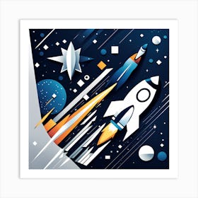 Space Background, Rocket wall art, Children’s nursery illustration, Kids' room decor, Sci-fi adventure wall decor, playroom wall decal, minimalistic vector, dreamy gift Art Print