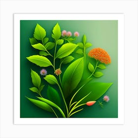 A green background with a flower and a red flower. Art Print