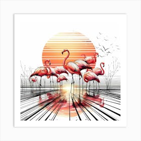 Red Flamingos - Abstract Line Art Illustration 121 Art Print