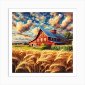 Red Barn In Wheat Field Art Print