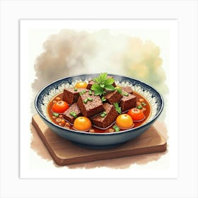 Watercolor Depiction Of A Savory And Aromatic Beef Stew On A Modern Dining Table Art Print