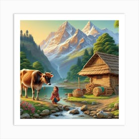 Cow By The Stream Art Print