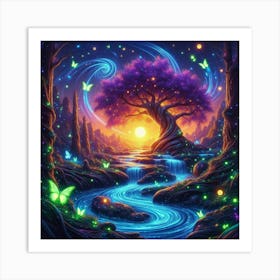 Stream With Bioluminescent Fish Butterflies Sun Spinning Wind Tree 2 Art Print