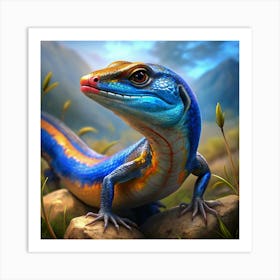 Vibrant Blue And Orange Lizard In Grassland Art Print