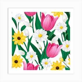 Cartoon Style Digital Painting Of An Isolated Spring Bouquet Featuring Blooming Tulips Roses And D (1) Art Print