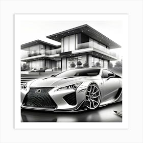 A Pencil Drawing Of A Lexus LFA In Front Of A Beautiful Modern Mansion Art Print