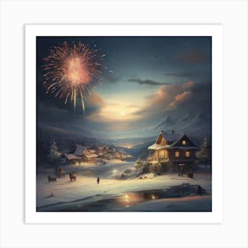 Winter Landscape With Fireworks Art Print