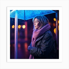 Firefly Pensive Woman At Rainy Bus Shelter With Neon Glow 68771 Art Print