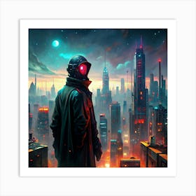 Futuristic Cityscape With A Person In A Black Coat And Red Helmet Art Print