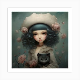 Little Girl with Cat and Flowers Art Print