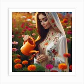 Beautiful Muslim Woman In A Flower Garden Art Print